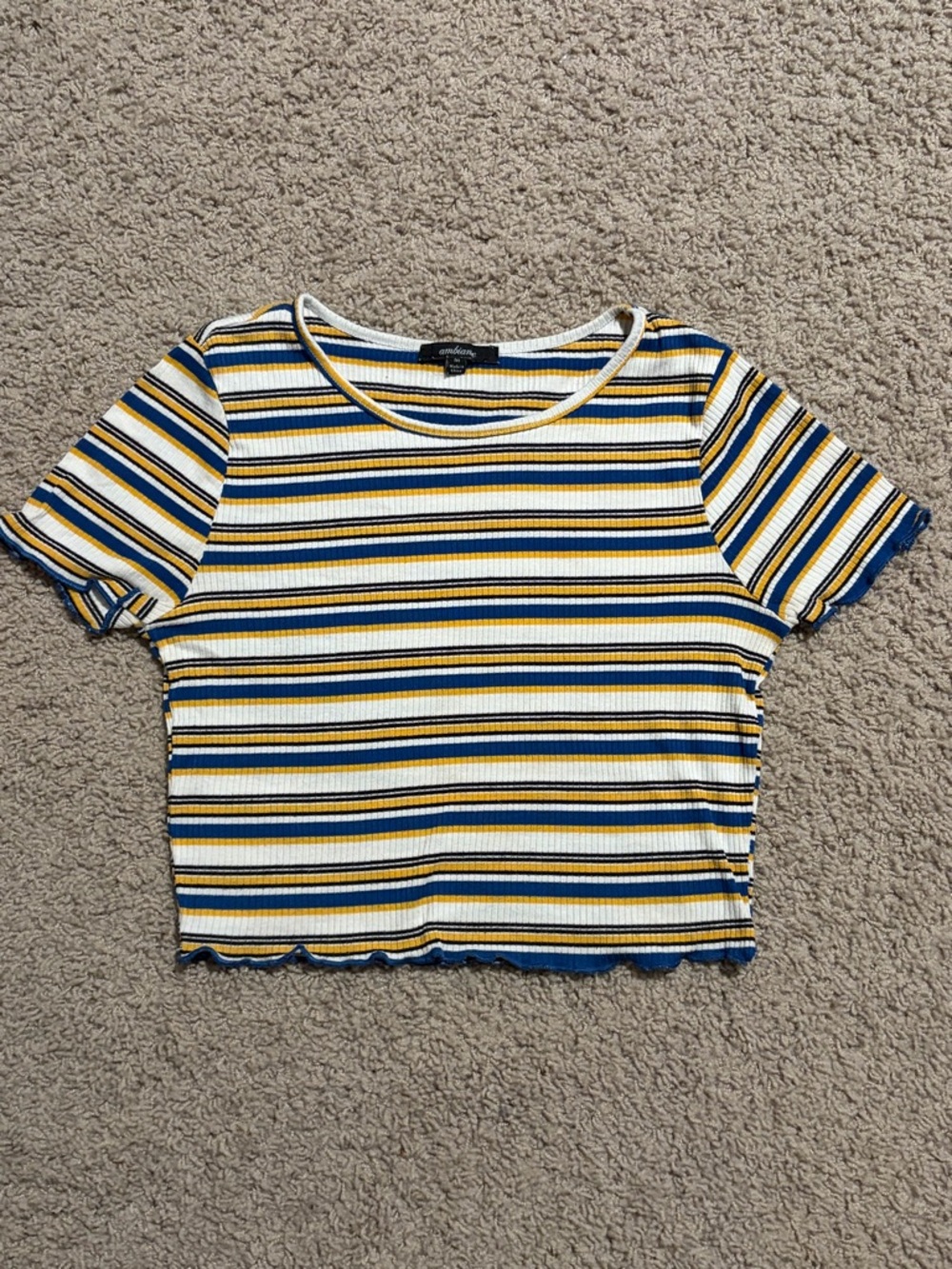 Ambiance Striped Ribbed Crop Top in White, Yellow & Blue